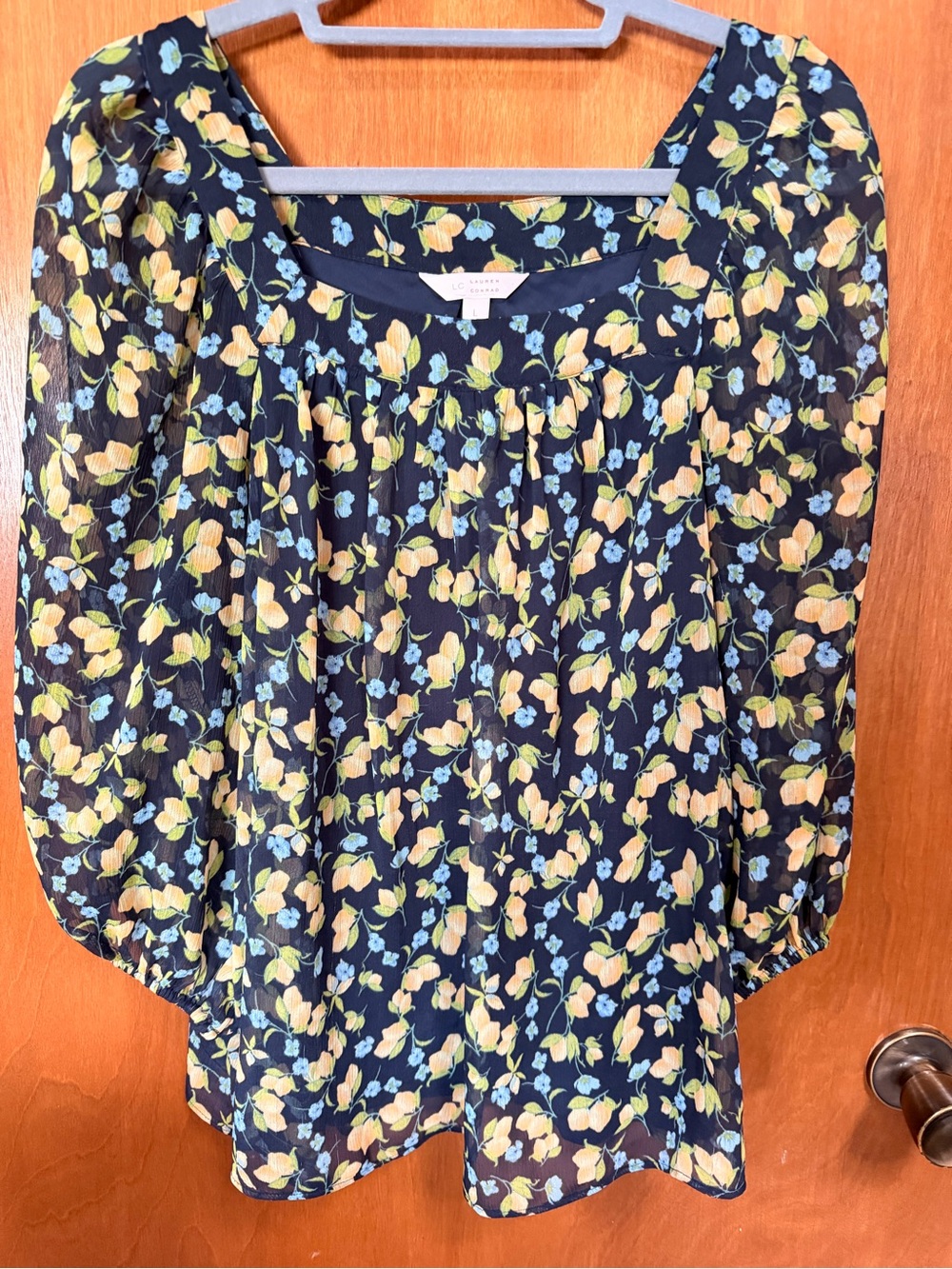 LC Lauren Conrad Floral Sheer Sleeve Blouse Navy L